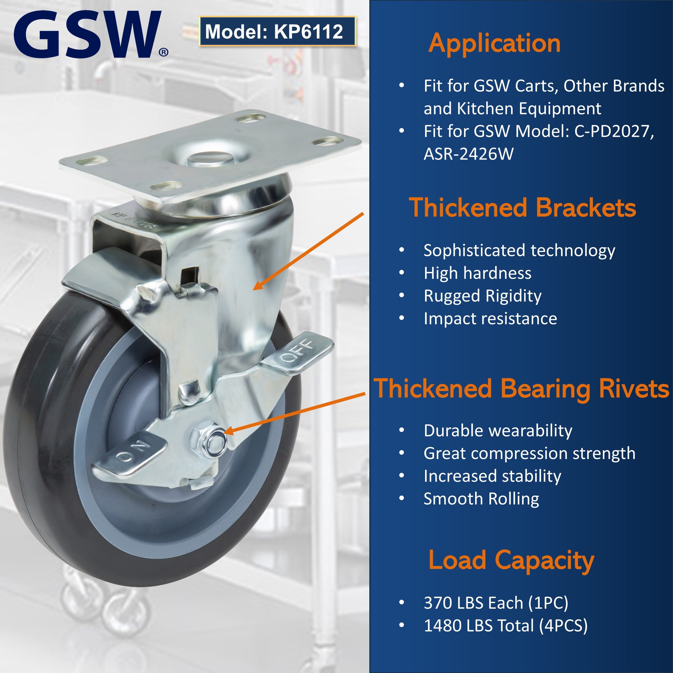 GSW 5" Plate Caster Set of 4, Industrial Casters with Capacity 1480 LBs, Heavy Duty Casters - Use for Inventory Carts, Workbench, Platform Cart (Swivel with Brake)