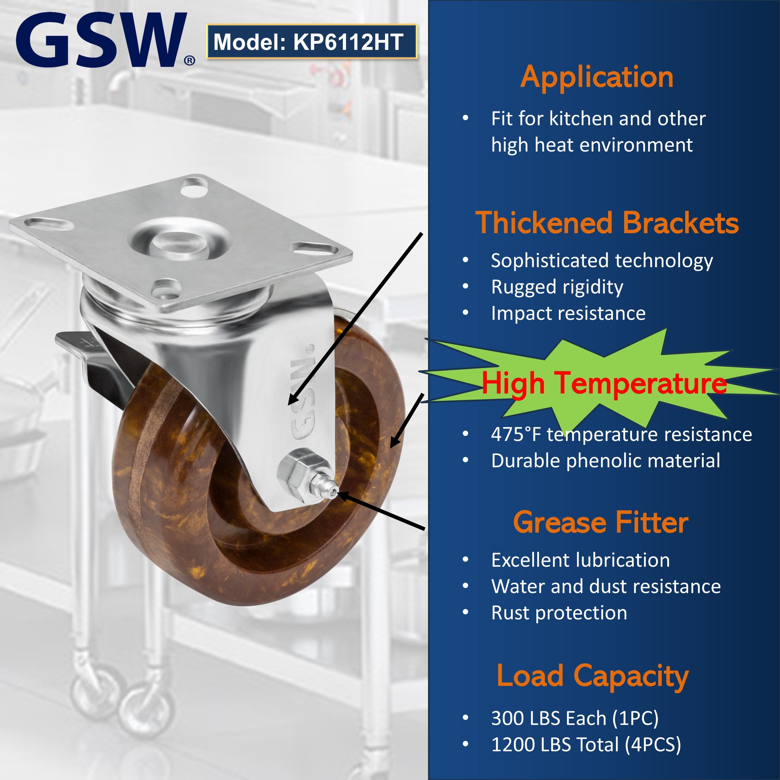 GSW 5" High Temperature Oven Rack Casters - Plate Casters - Set of 4 Phenolic Caster with 1200 Lbs Loading Capacity (Swivel with Brake)