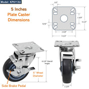 GSW 5" Low Temperature Casters - Plate Casters - Set of 4 Polyurethane Caster with 1320 Lbs Loading Capacity (Swivel with Brake)