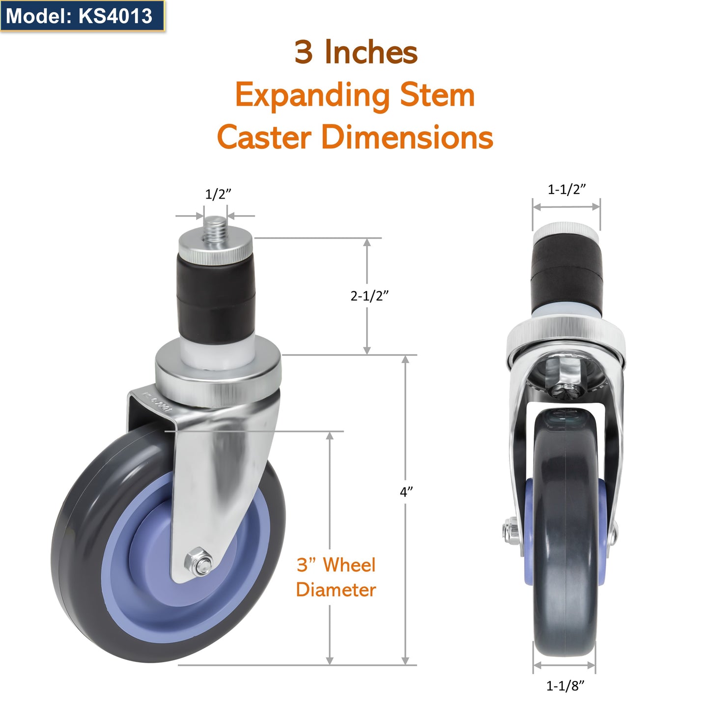 GSW 3" Heavy Duty Casters Wheels with Expanding Stem - Loading Capacity: 1160 lbs. Use for Worktables and Equipment Stands (Swivel)