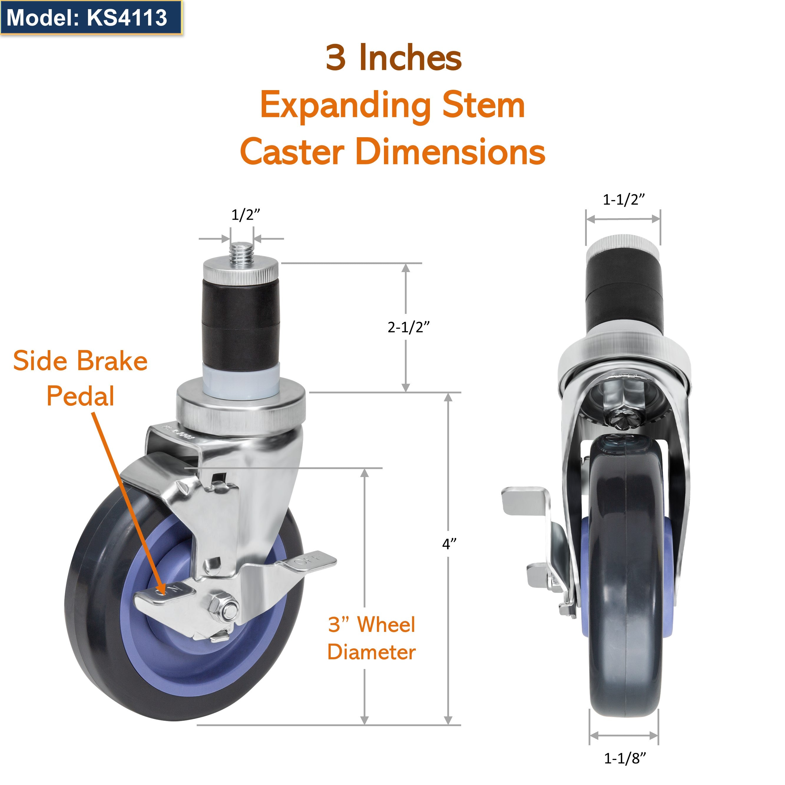 GSW 3" Heavy Duty Casters Wheels with Expanding Stem - Loading Capacity: 1160 lbs. Use for Worktables and Equipment Stands (Swivel with Brake)