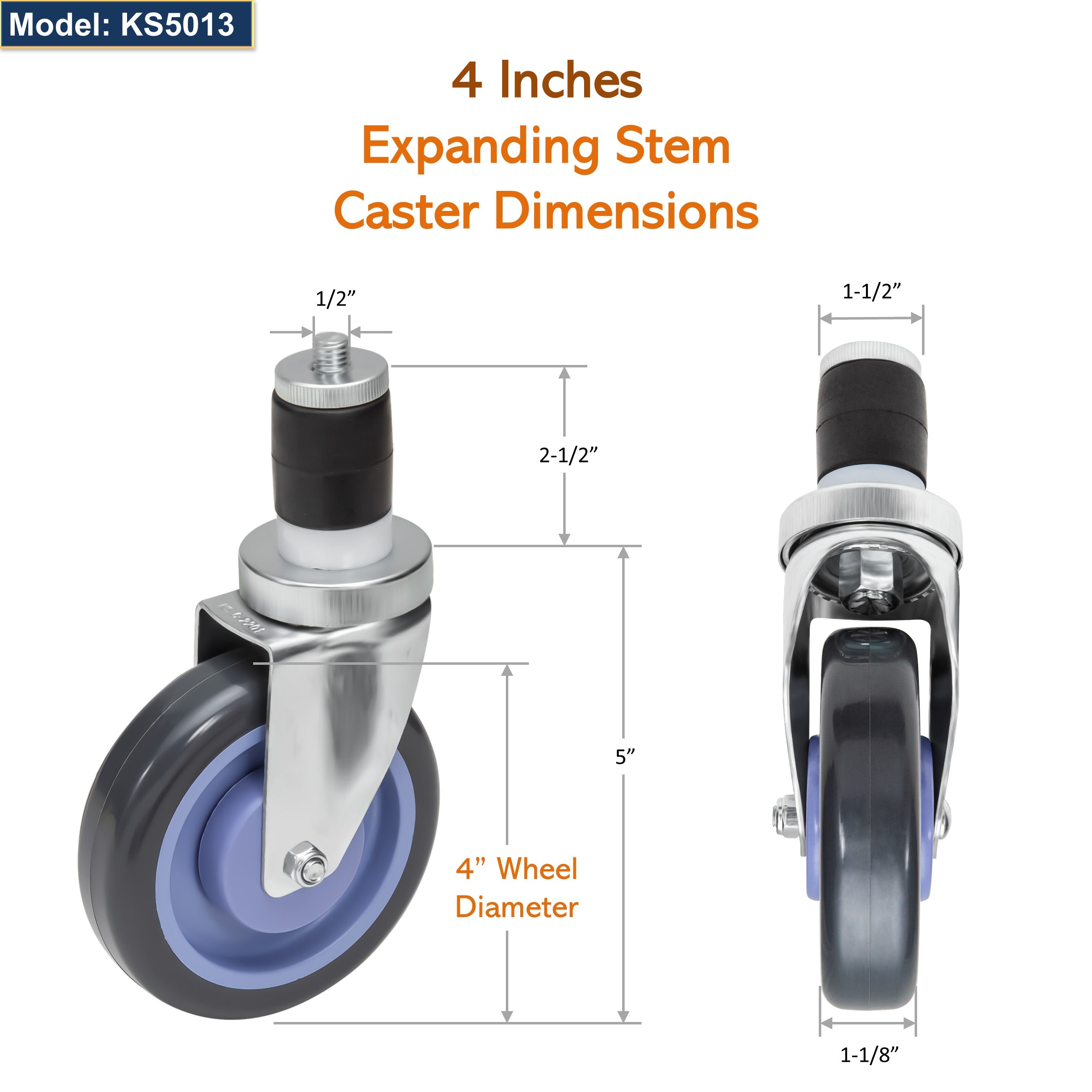 GSW 4" Heavy Duty Casters Wheels with Expanding Stem - Loading Capacity: 1320 lbs; Use for Worktables and Equipment Stands (Swivel)