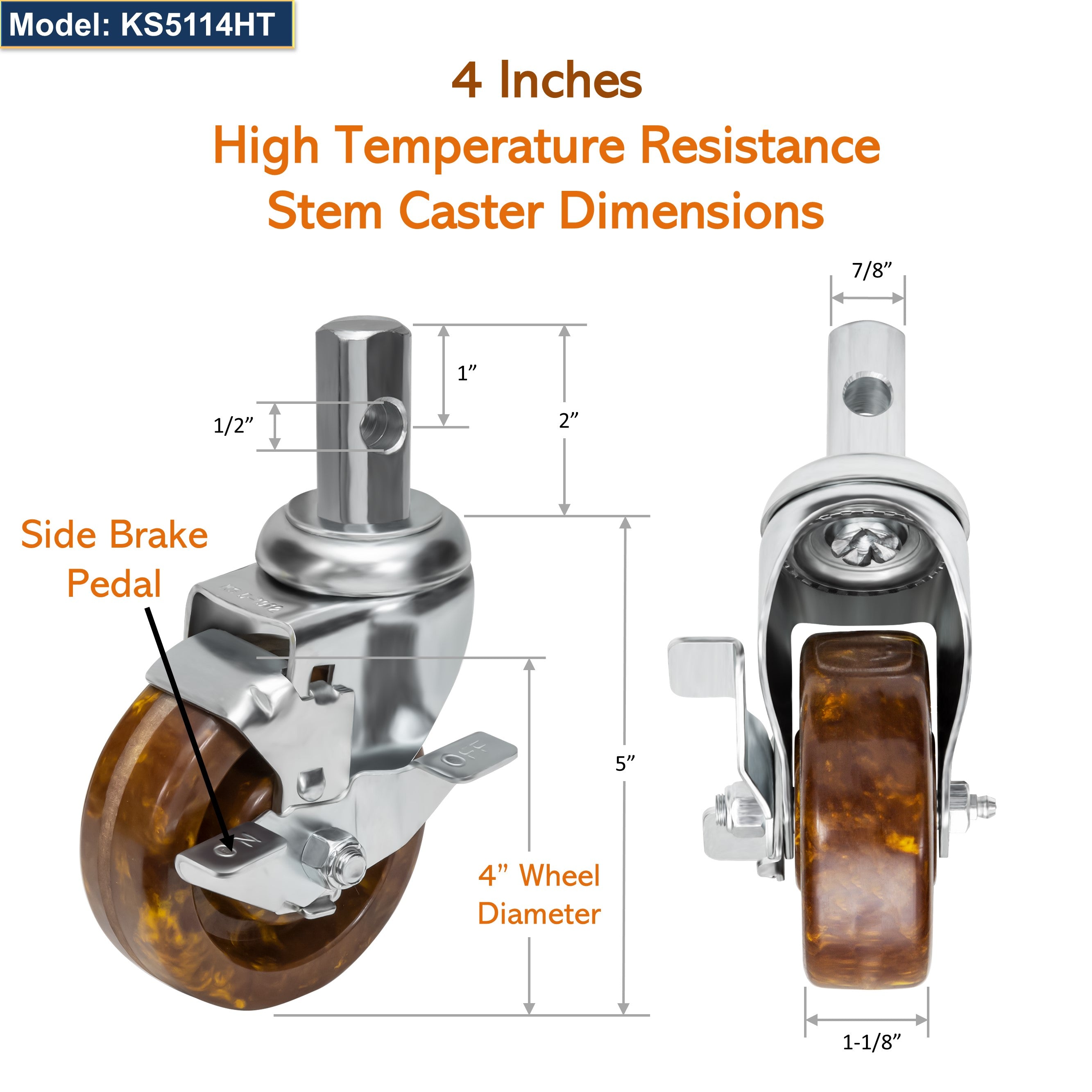 GSW 4" High-Temperature Oven Rack Casters - Square Stem Casters - Set of 4 Phenolic Casters with 1200 Lbs Loading Capacity for Pan Racks (Swivel with Brake)