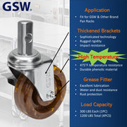 GSW 4" High-Temperature Oven Rack Casters - Square Stem Casters - Set of 4 Phenolic Casters with 1200 Lbs Loading Capacity for Pan Racks (Swivel with Brake)