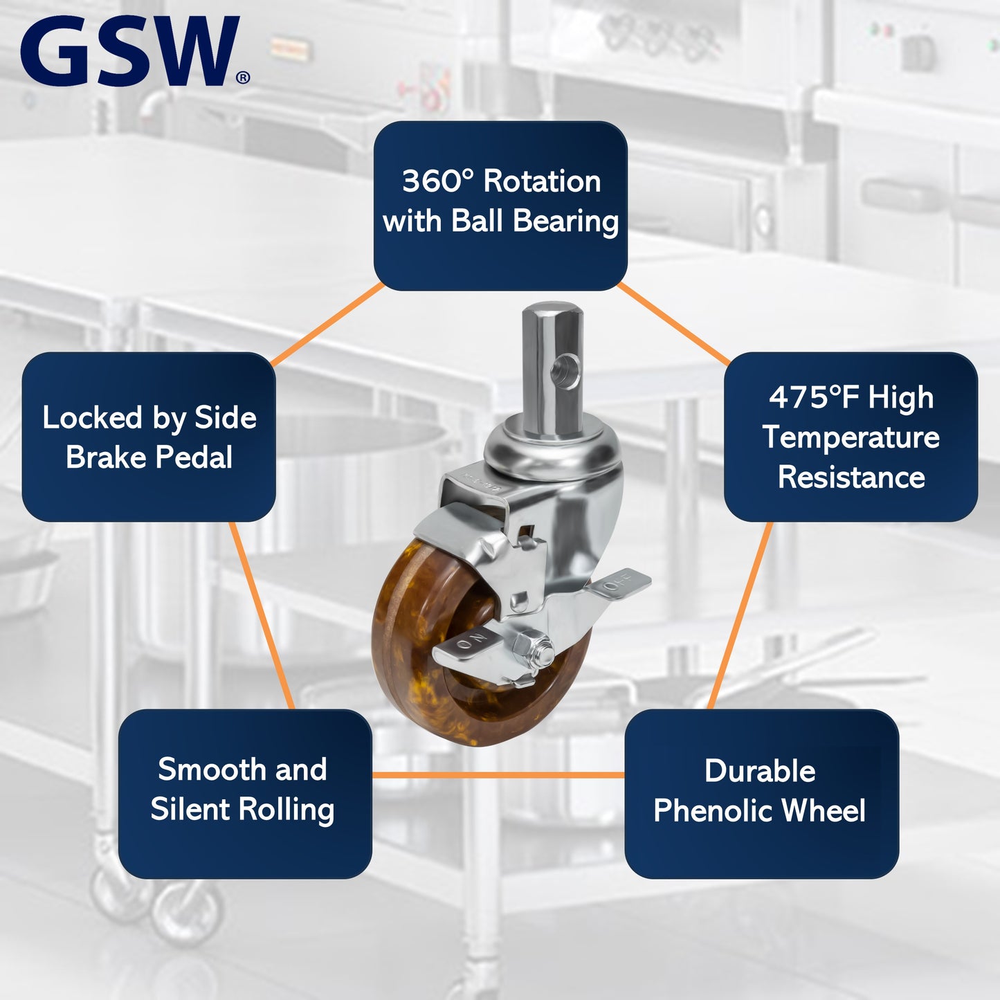 GSW 4" High-Temperature Oven Rack Casters - Square Stem Casters - Set of 4 Phenolic Casters with 1200 Lbs Loading Capacity for Pan Racks (Swivel with Brake)