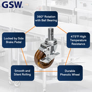 GSW 4" High-Temperature Oven Rack Casters - Square Stem Casters - Set of 4 Phenolic Casters with 1200 Lbs Loading Capacity for Pan Racks (Swivel with Brake)
