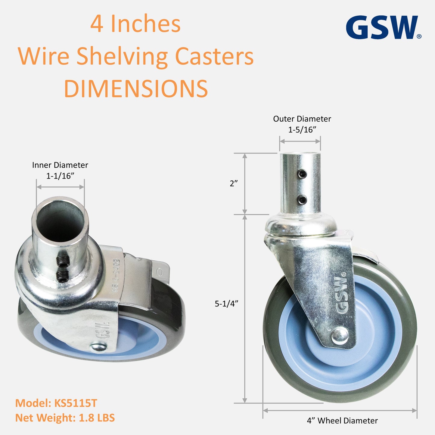 GSW 4 Pcs 4" Universal Wire Shelving Swivel Casters with Side Brake Pedal, Non-marking Polyurethane Wheels, Double Ball Bearing for 1" Diameter Wire Shelving Posts