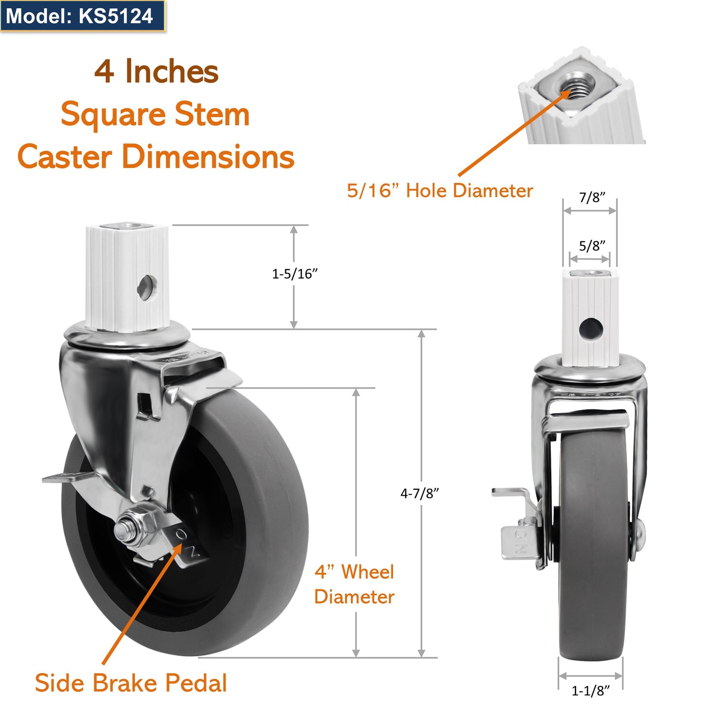 GSW 4" Square Stem Casters with Caster socket - Loading Capacity: 800 lbs; use for GSW Utility Carts (C-31K & C-32K), Service Carts, and Shelf Steel Carts (Swivel With Brake)