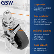 GSW 4" Square Stem Casters with Caster socket - Loading Capacity: 800 lbs; use for GSW Utility Carts (C-31K & C-32K), Service Carts, and Shelf Steel Carts (Swivel With Brake)