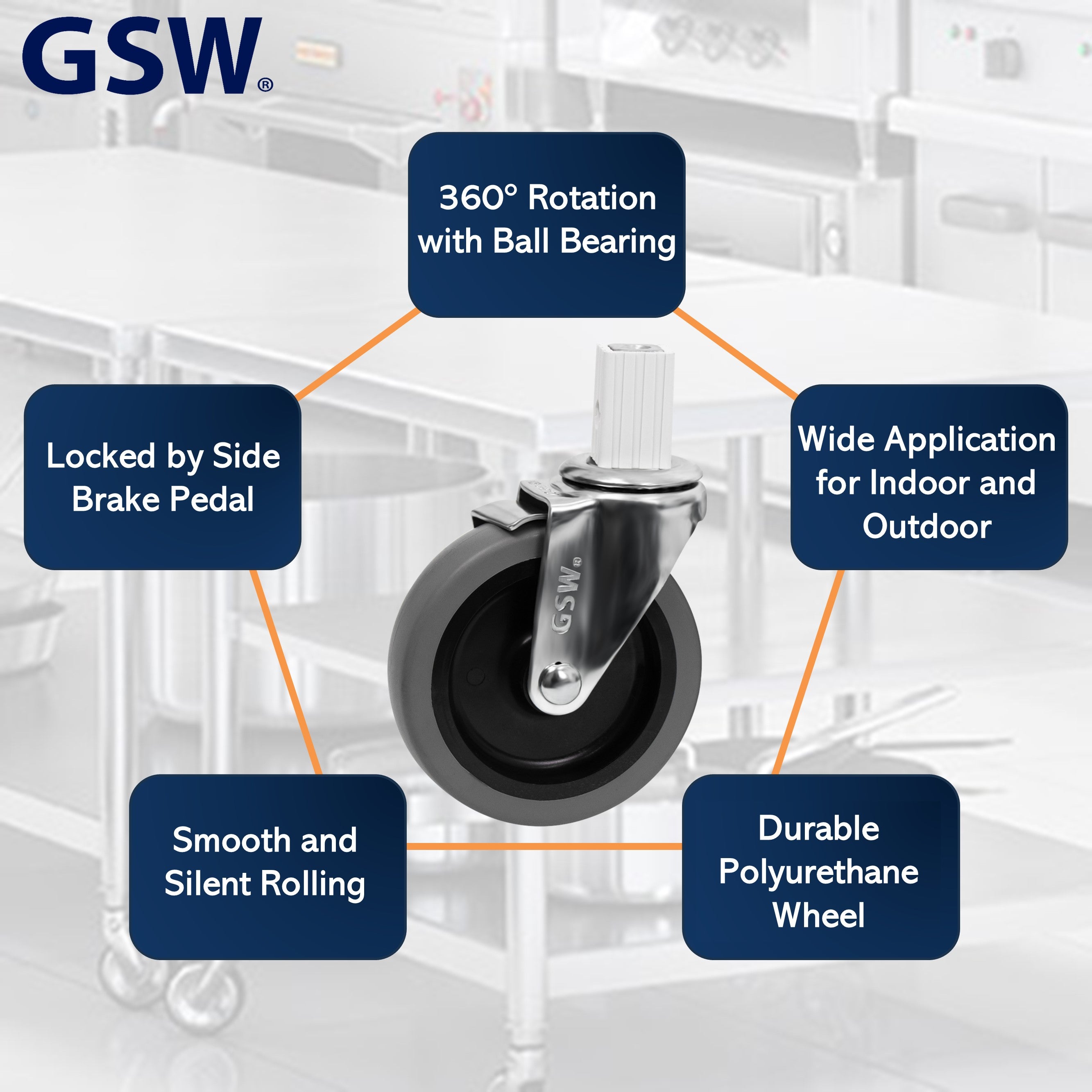 GSW 4" Square Stem Casters with Caster socket - Loading Capacity: 800 lbs; use for GSW Utility Carts (C-31K & C-32K), Service Carts, and Shelf Steel Carts (Swivel With Brake)