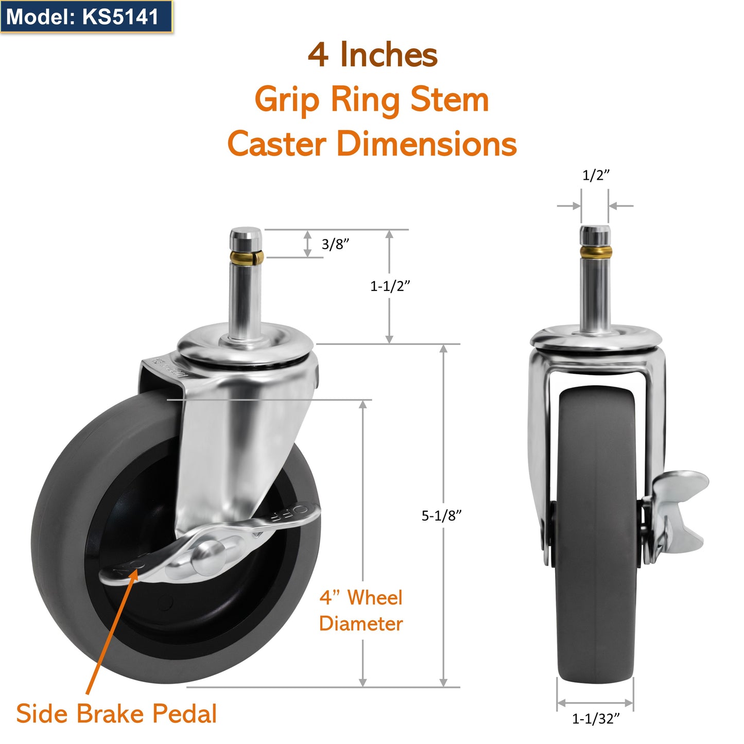 GSW 4" Caster Wheels, Polyurethane Grip Ring Stem Casters, Heavy Duty Set of 4 for GSW Cart (C-23WM & C-23WL) with Loading Capacity of 800 Lbs (Swivel With Brake)