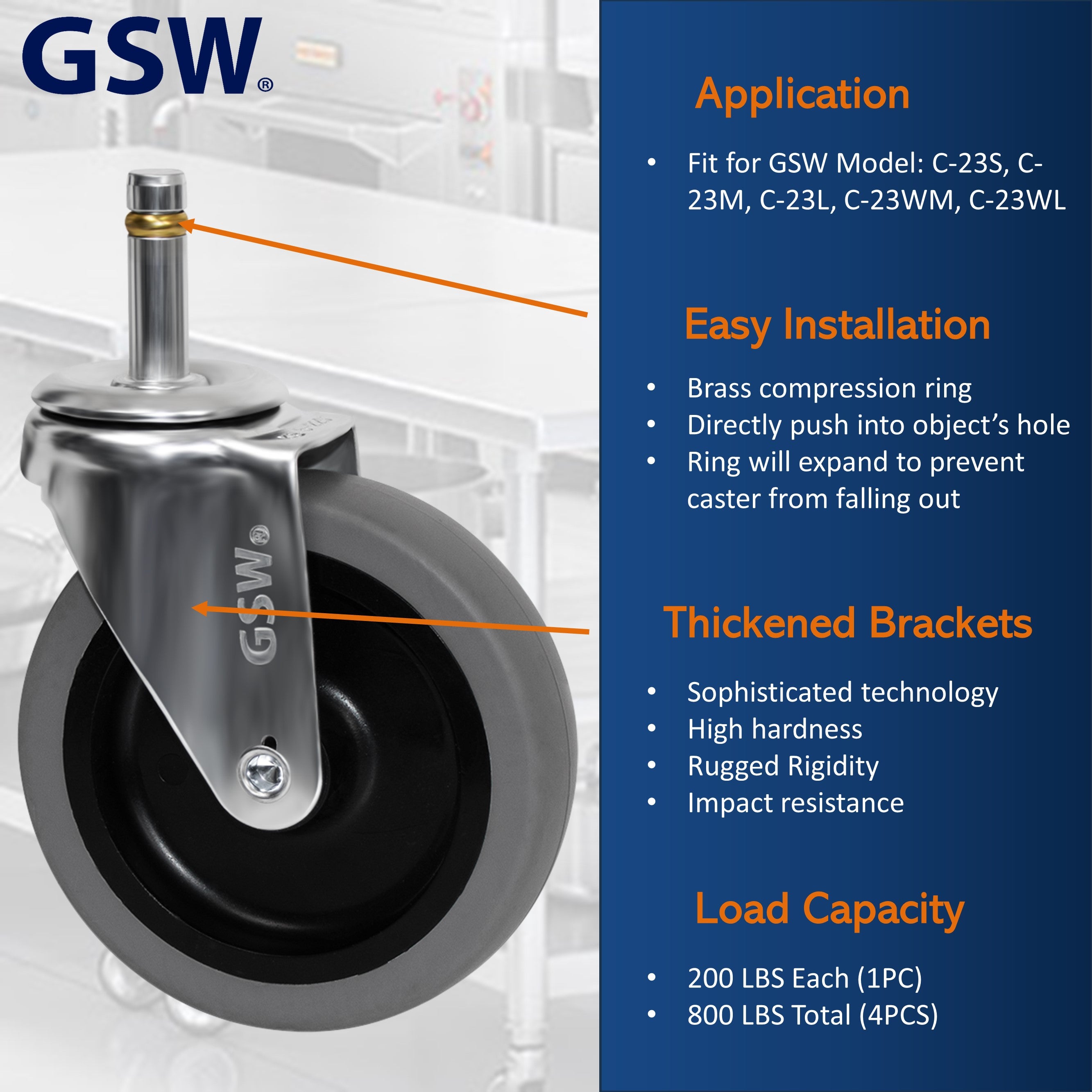 GSW 4" Caster Wheels, Polyurethane Grip Ring Stem Casters, Heavy Duty Set of 4 for GSW Cart (C-23WM & C-23WL) with Loading Capacity of 800 Lbs (Swivel With Brake)