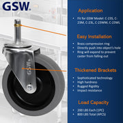 GSW 4" Caster Wheels, Polyurethane Grip Ring Stem Casters, Heavy Duty Set of 4 for GSW Cart (C-23WM & C-23WL) with Loading Capacity of 800 Lbs (Swivel With Brake)