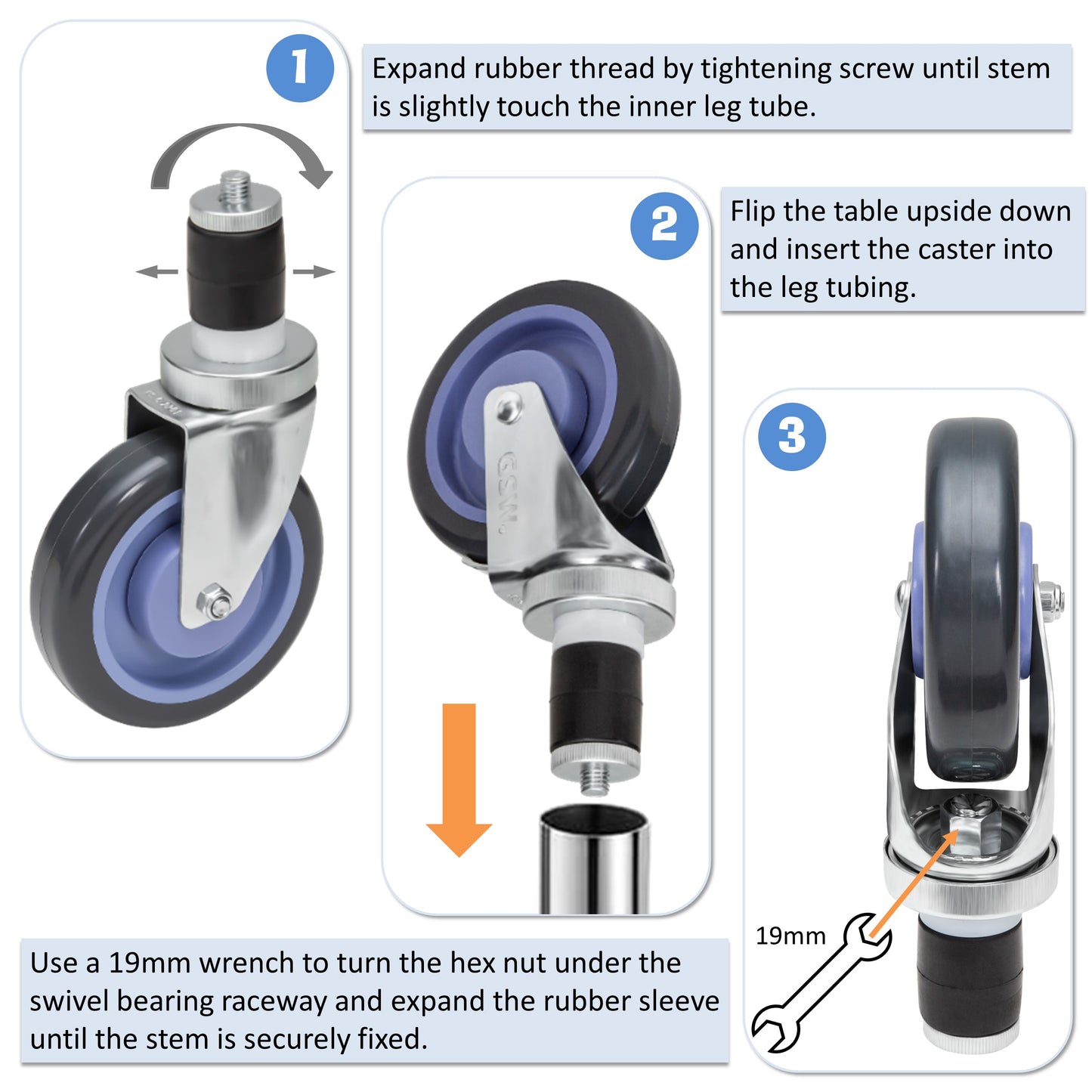 GSW 3" Heavy Duty Casters Wheels with Expanding Stem - Loading Capacity: 1160 lbs. Use for Worktables and Equipment Stands (Swivel)