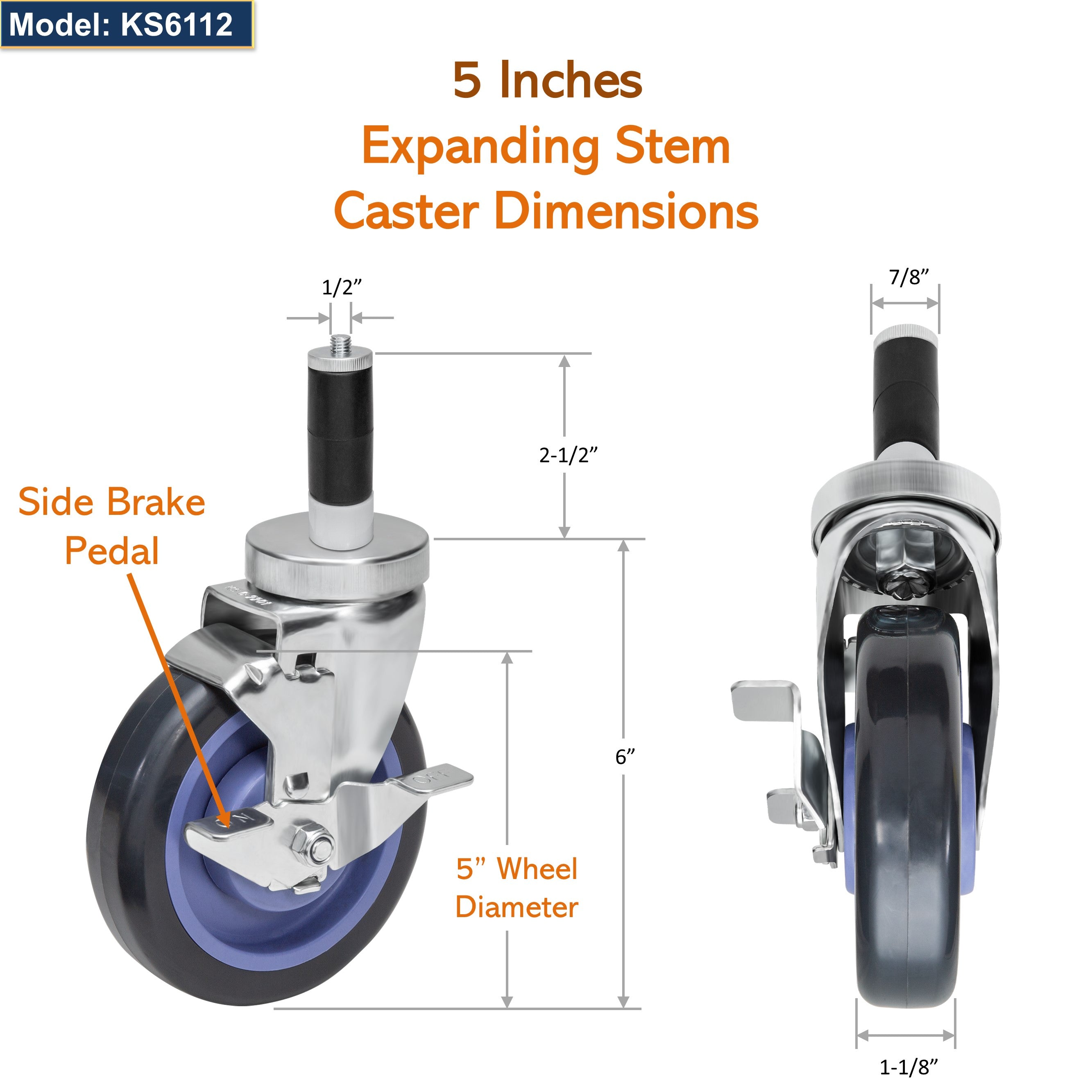 GSW 5" Heavy Duty Casters Wheels with Expanding Stem - Loading Capacity: 1480 lbs. Use for Wire Shelvings, Storage Racks, Residential, Warehouses (Swivel with Brake)