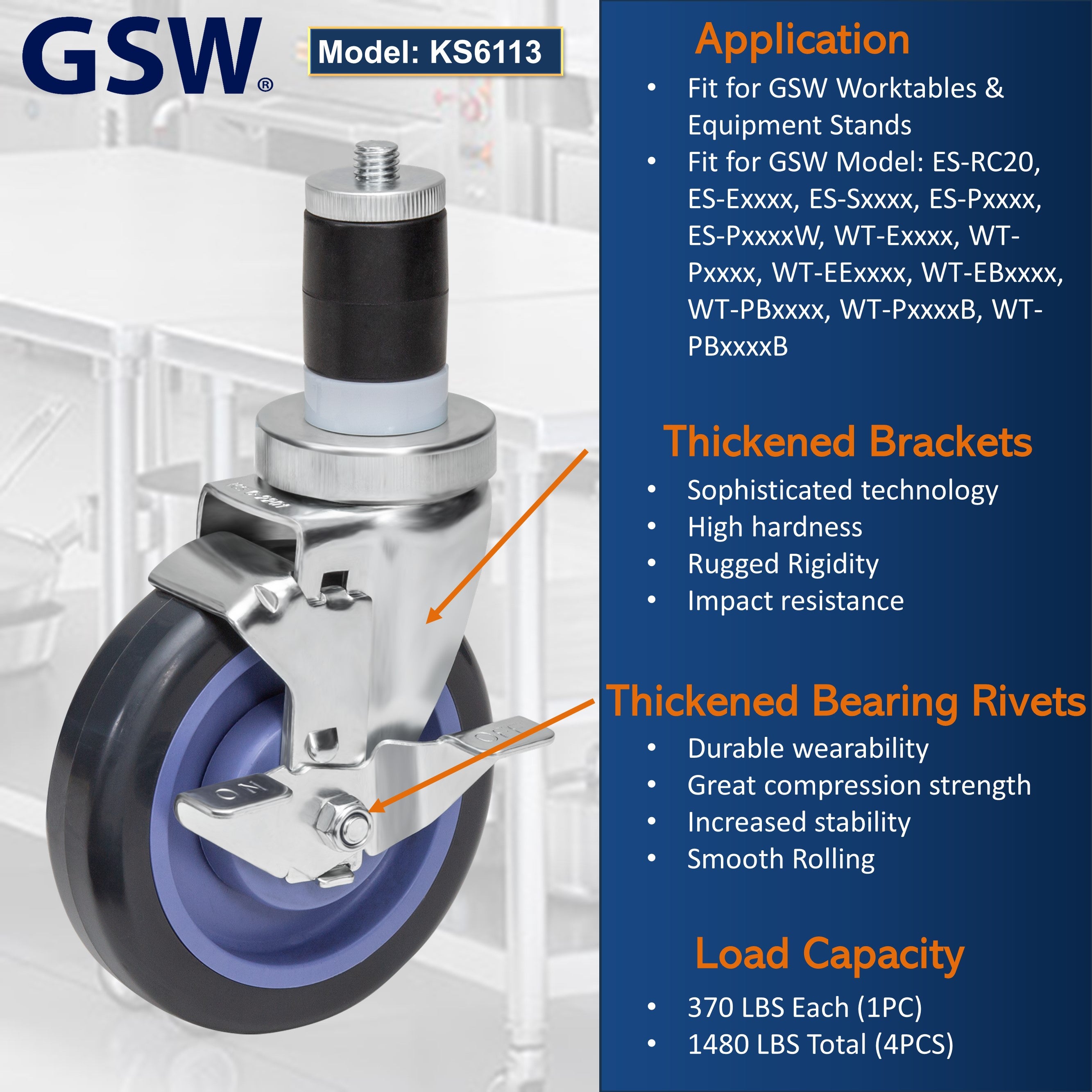 GSW 5" Heavy Duty Casters Wheels with Expanding Stem - Loading Capacity: 1480 lbs. Use for Worktables and Equipment Stands (Swivel with Brake)
