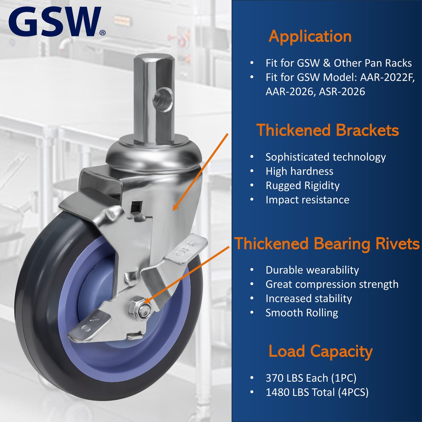 GSW 5" Caster Wheels, Polyurethane Stem Casters - Heavy Duty Set of 4 for Food Storage Racks, GSW Pan Racks.