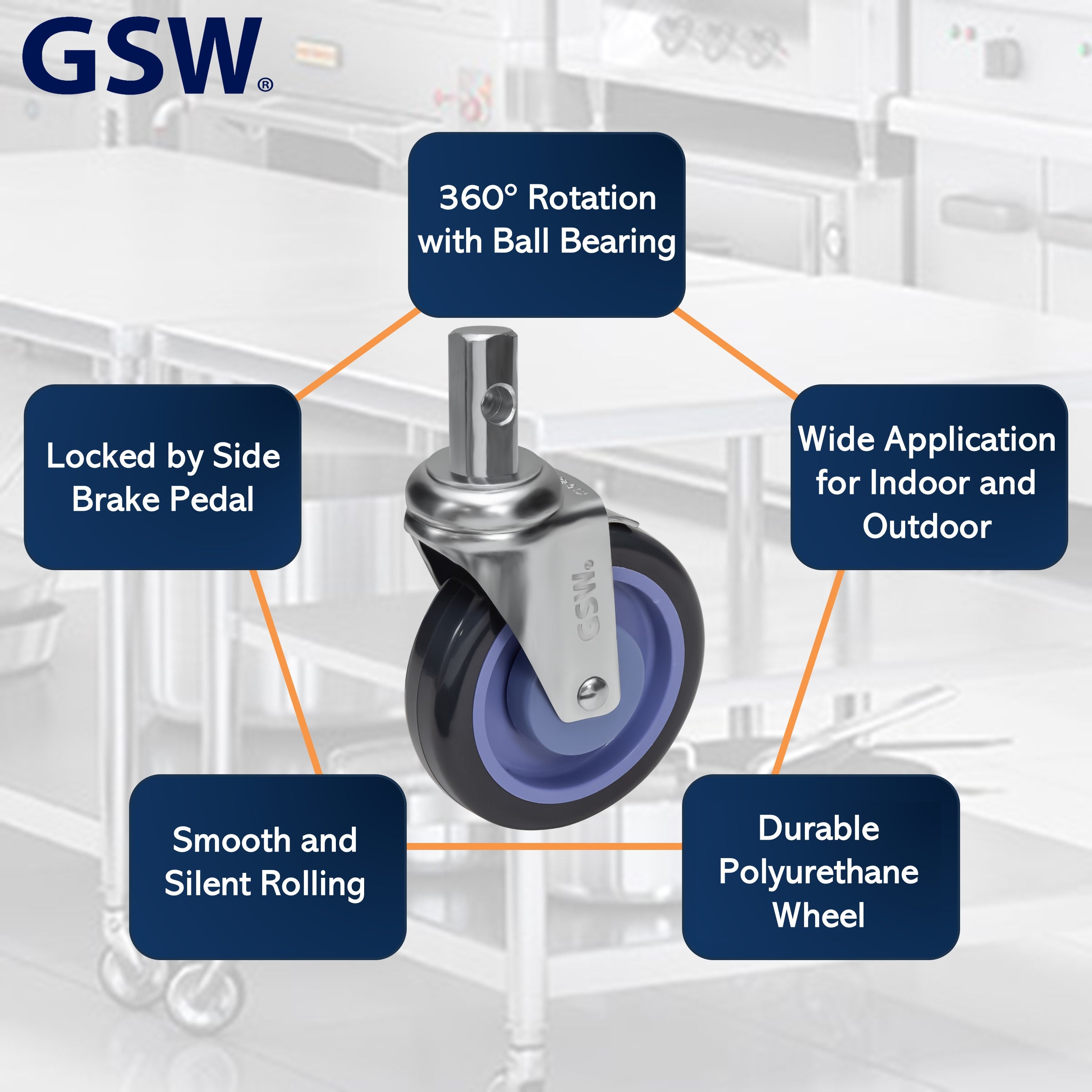 GSW 5" Caster Wheels, Polyurethane Stem Casters - Heavy Duty Set of 4 for Food Storage Racks, GSW Pan Racks.