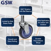 GSW 5" Caster Wheels, Polyurethane Stem Casters - Heavy Duty Set of 4 for Food Storage Racks, GSW Pan Racks.