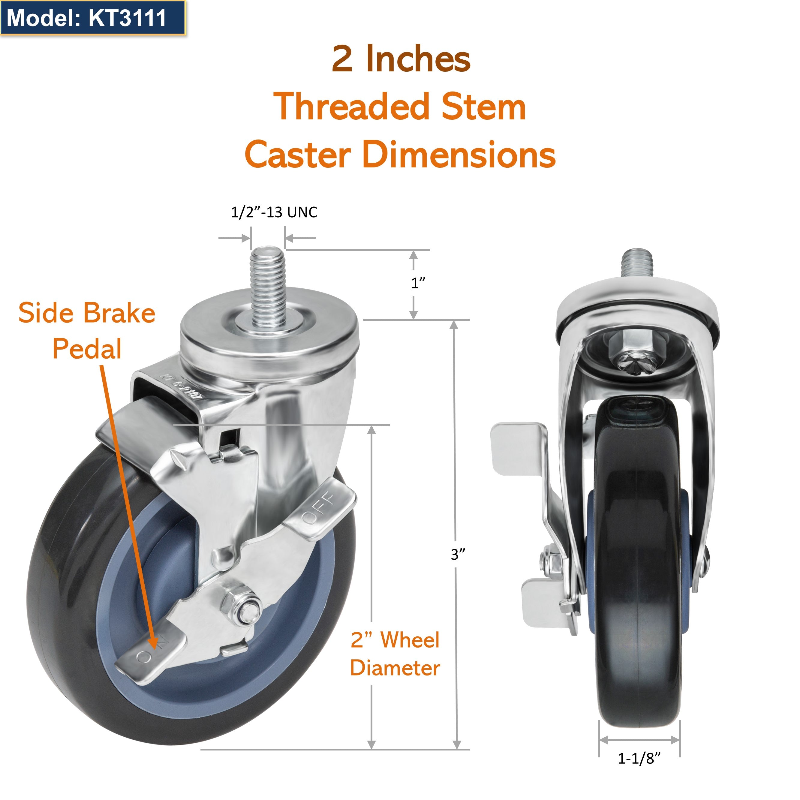 GSW 2" Caster Replacement Cart Wheels, Polyurethane Stem Casters Set of 4 for GSW Cart (C-SCE), Platform Cart, Industrial Cart with Loading Capacity of 800 Lbs (Swivel with Brake)