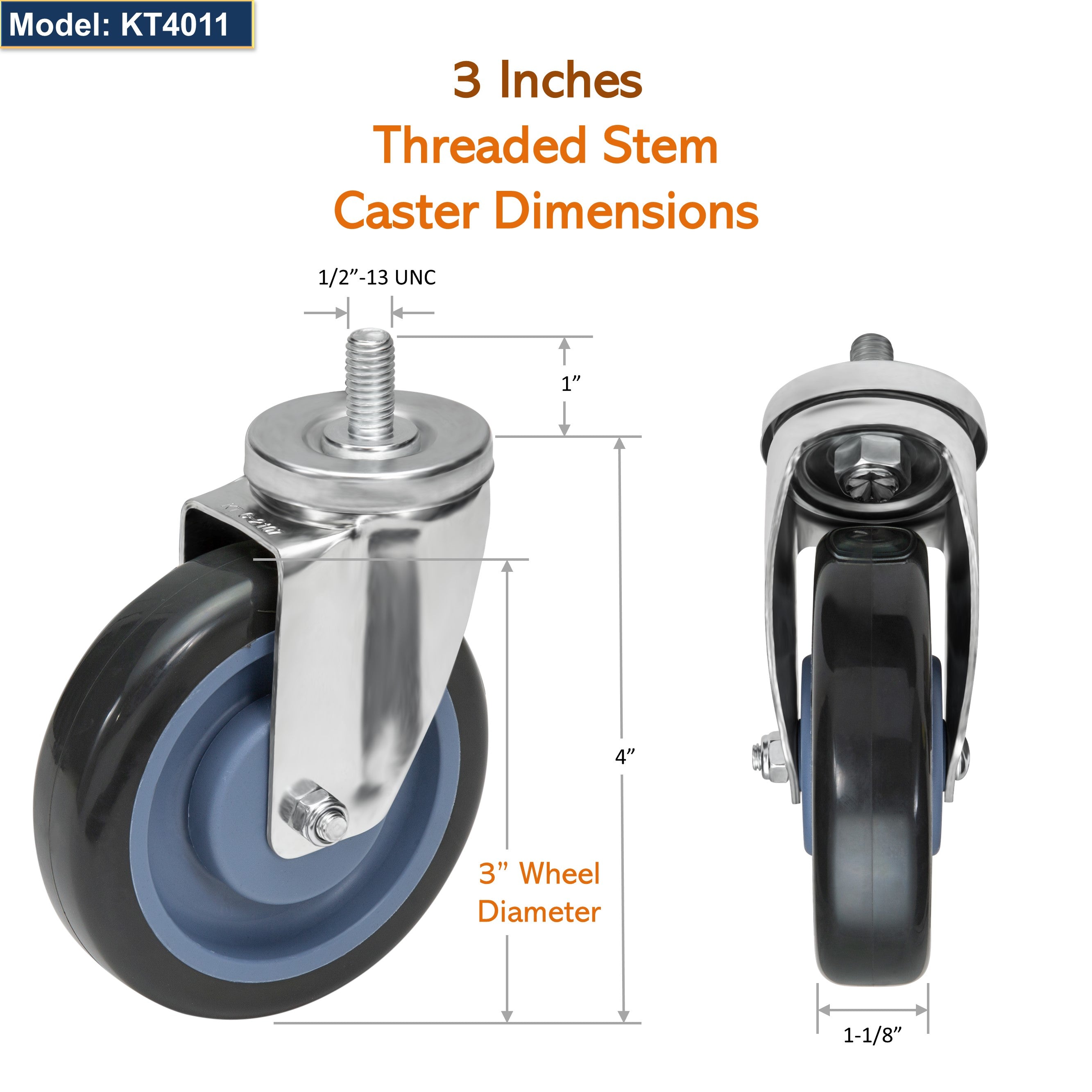 GSW 3" Caster Replacement Shopping Cart Wheels, Polyurethane Stem Casters Set of 4 for most refrigerators, Cart with Loading Capacity 1160 Lbs (Swivel)