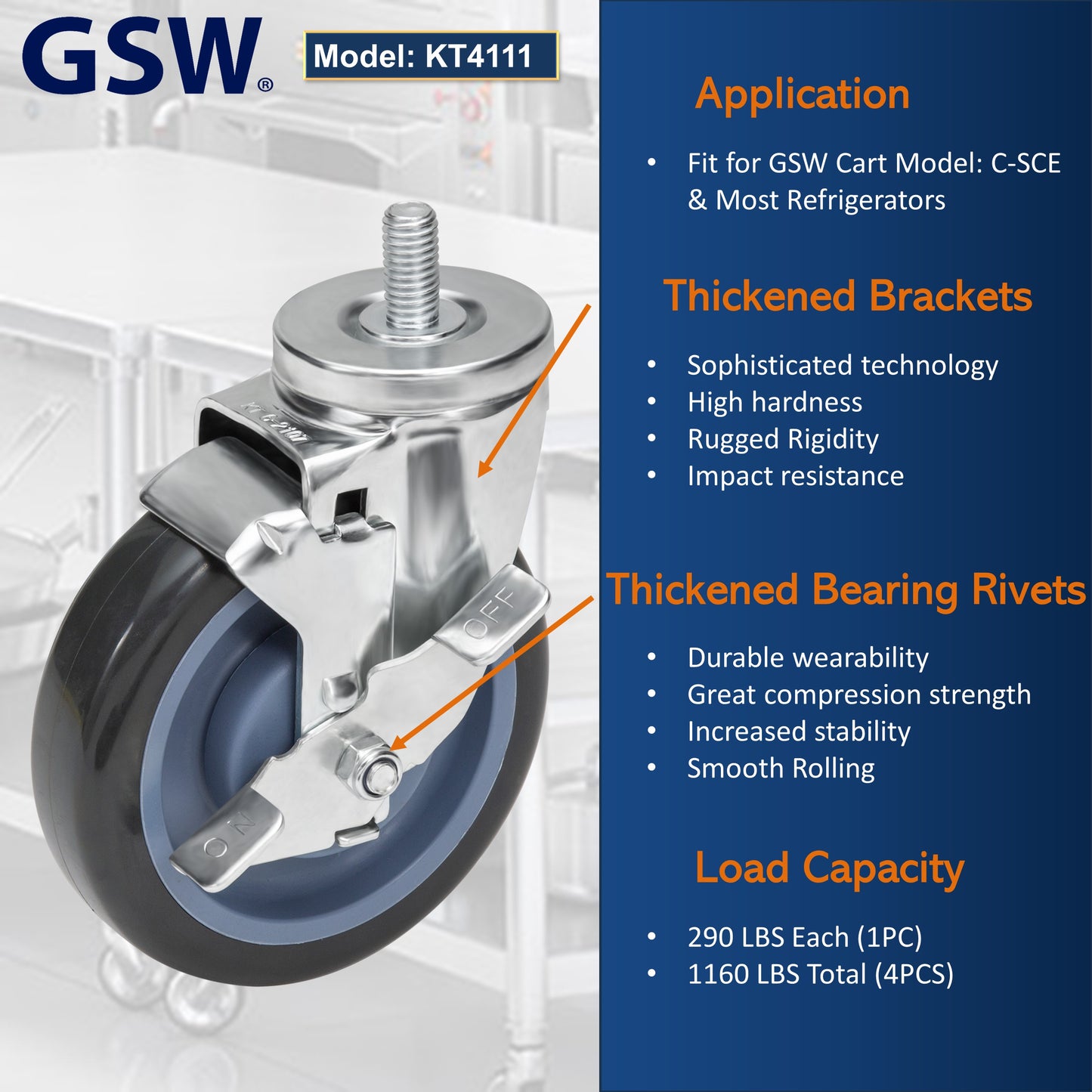 GSW 3" Caster Replacement Cart Wheels, Polyurethane Stem Casters Set of 4 for GSW Cart (C-SCE), Platform Cart, Industrial Cart with Loading Capacity of 1160 Lbs (Swivel with Brake)