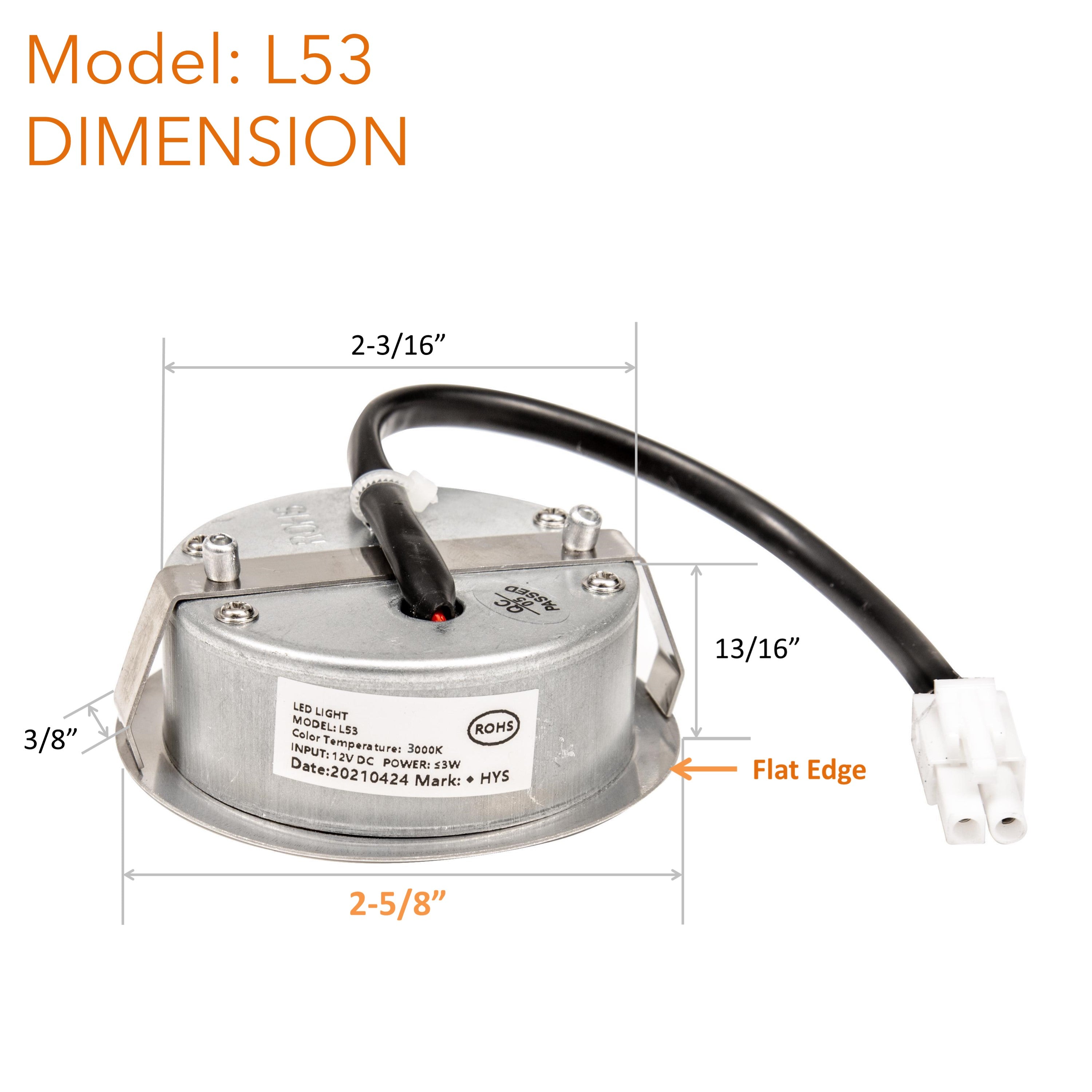 [2-5/8" Flat Edge] Awoco L53 HYS, 2 Pcs of 2-5/8" WARM 12VDC LED Lights for Awoco RH-C06, RH-R06 and RH-SP06/08 Range Hoods