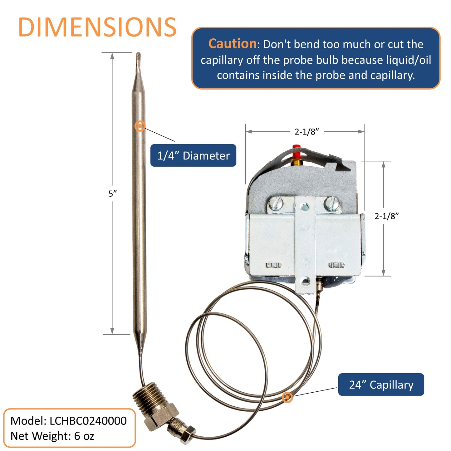 Robertshaw LCHBC0240000 High Limit Electric Cooking Control, Temp 250 °F, 24" Capillary Length, Manual Reset