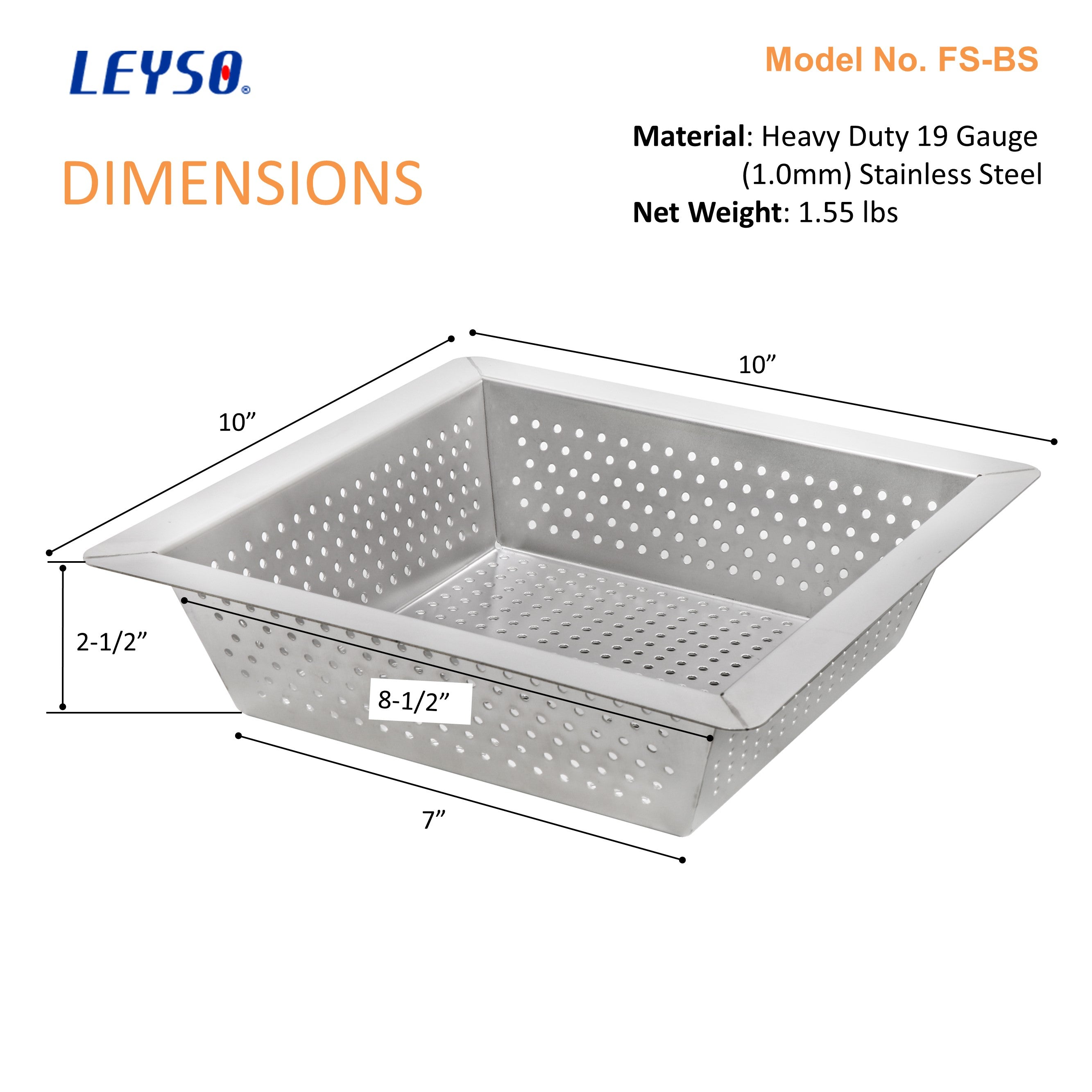 Leyso Stainless Steel Floor Sink Top Hang Basket Strainer Sink Drain Cover 10” x 10” x 2-1/2” for Kitchen, Restaurant, Bar, Buffet