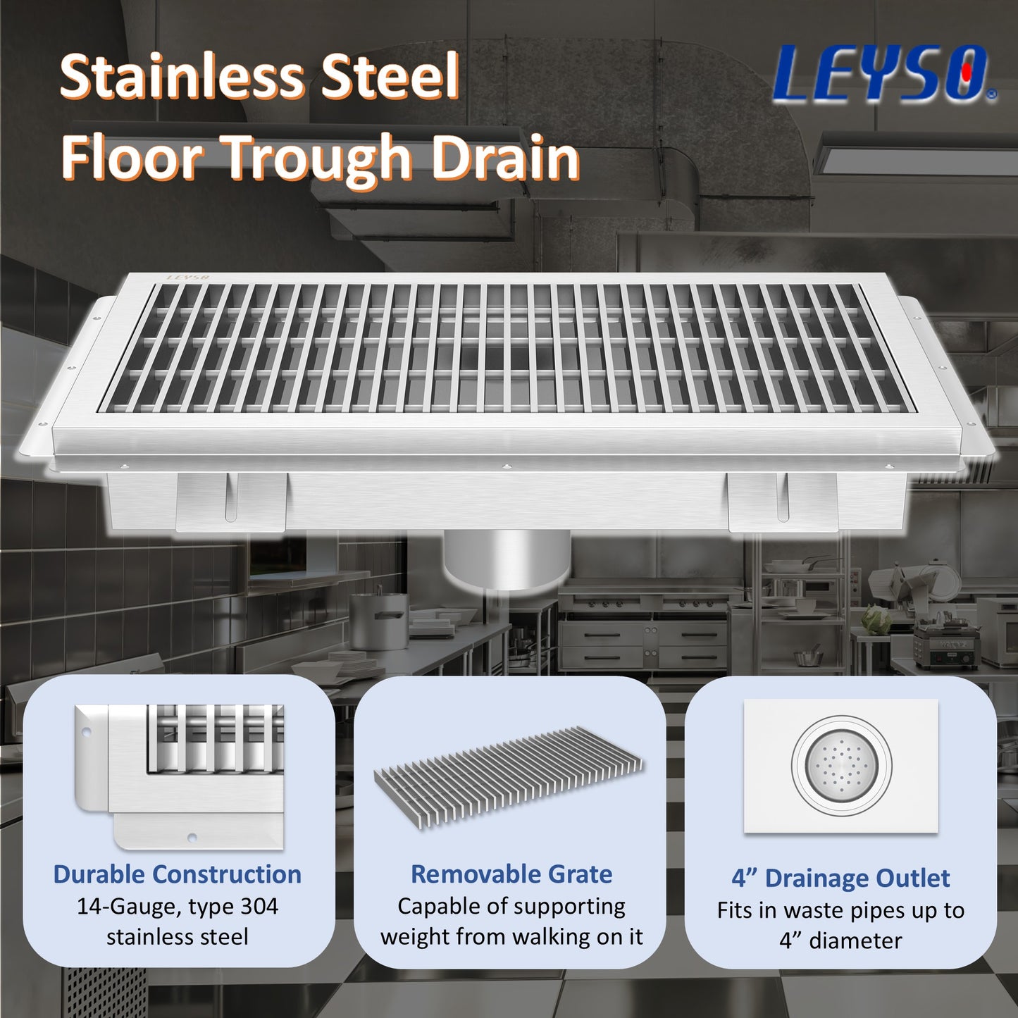 Leyso 12 x 24 in 14-Gauge Stainless Steel Floor Trough Drain - Removable Grate + Strainer Basket