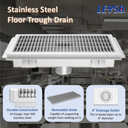 Leyso 12 x 24 in 14-Gauge Stainless Steel Floor Trough Drain - Removable Grate + Strainer Basket