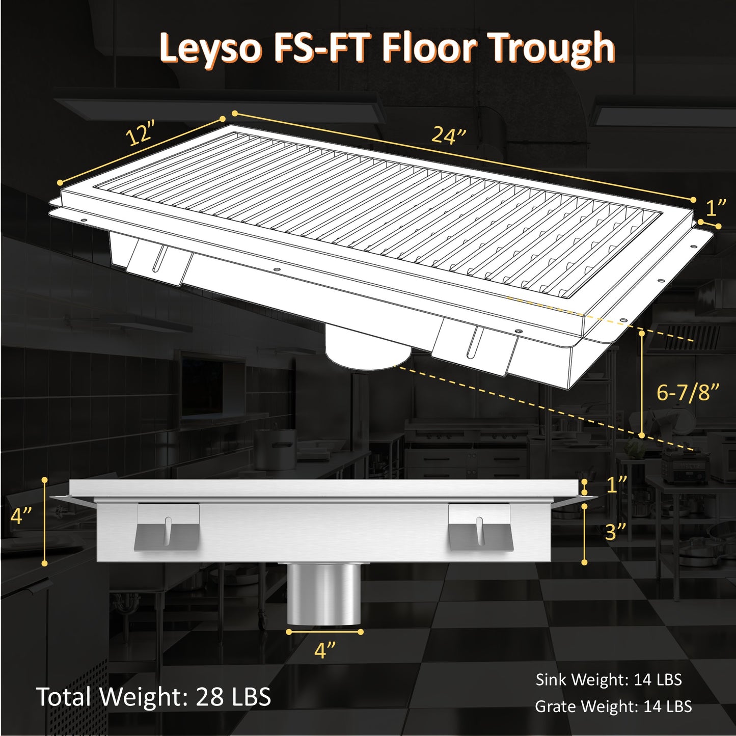 Leyso 12 x 24 in 14-Gauge Stainless Steel Floor Trough Drain - Removable Grate + Strainer Basket