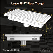 Leyso 12 x 24 in 14-Gauge Stainless Steel Floor Trough Drain - Removable Grate + Strainer Basket