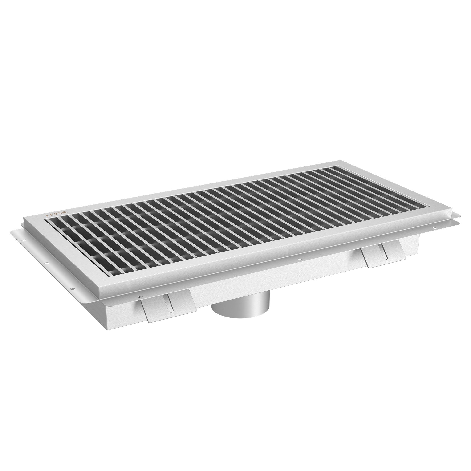 Leyso 12 x 36 in 14-Gauge Stainless Steel Floor Trough Drain - Removable Grate + Strainer Basket