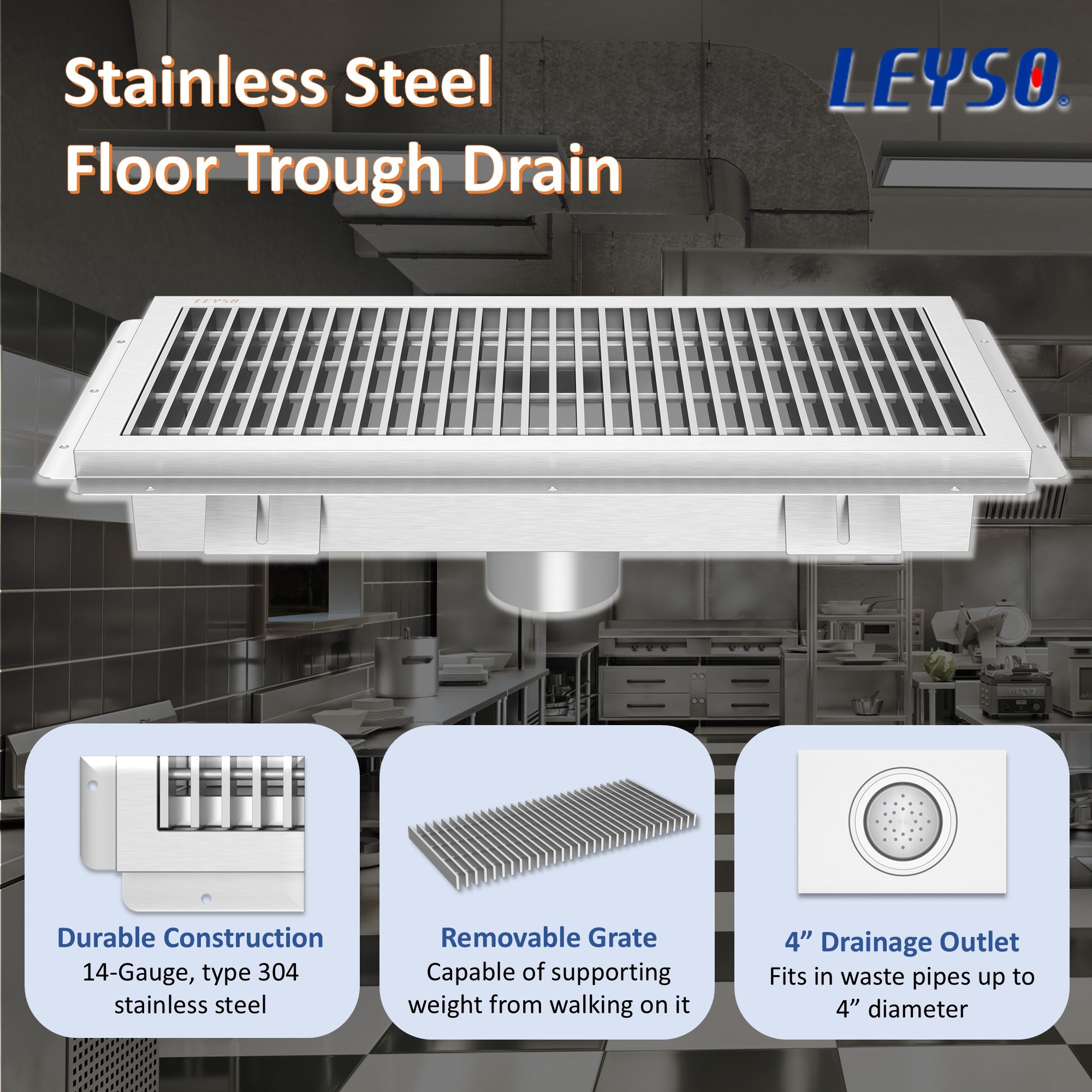 Leyso 12 x 36 in 14-Gauge Stainless Steel Floor Trough Drain - Removable Grate + Strainer Basket