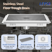 Leyso 12 x 36 in 14-Gauge Stainless Steel Floor Trough Drain - Removable Grate + Strainer Basket