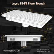 Leyso 12 x 36 in 14-Gauge Stainless Steel Floor Trough Drain - Removable Grate + Strainer Basket