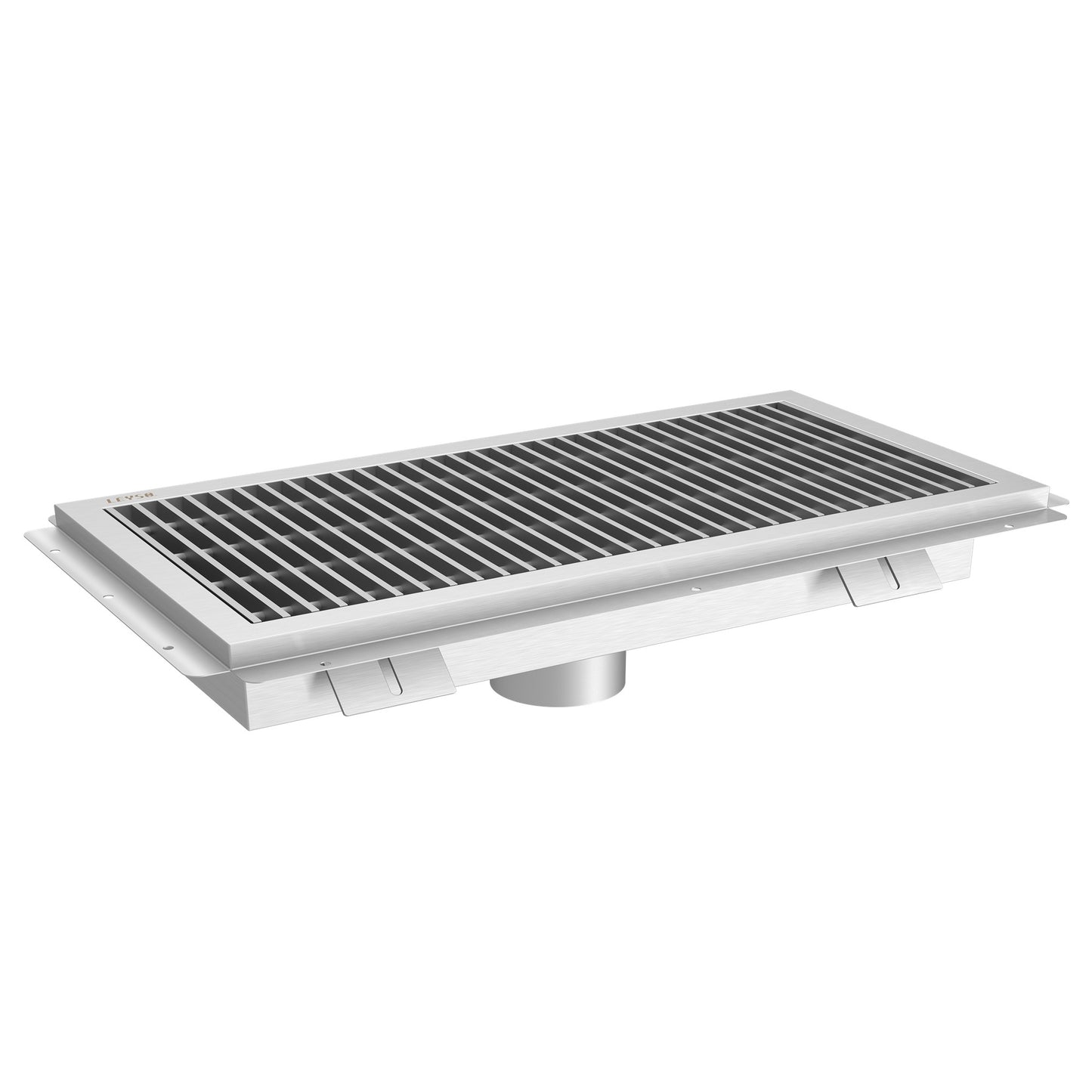 Leyso 12 x 48 in 14-Gauge Stainless Steel Floor Trough Drain - Removable Grate + Strainer Basket