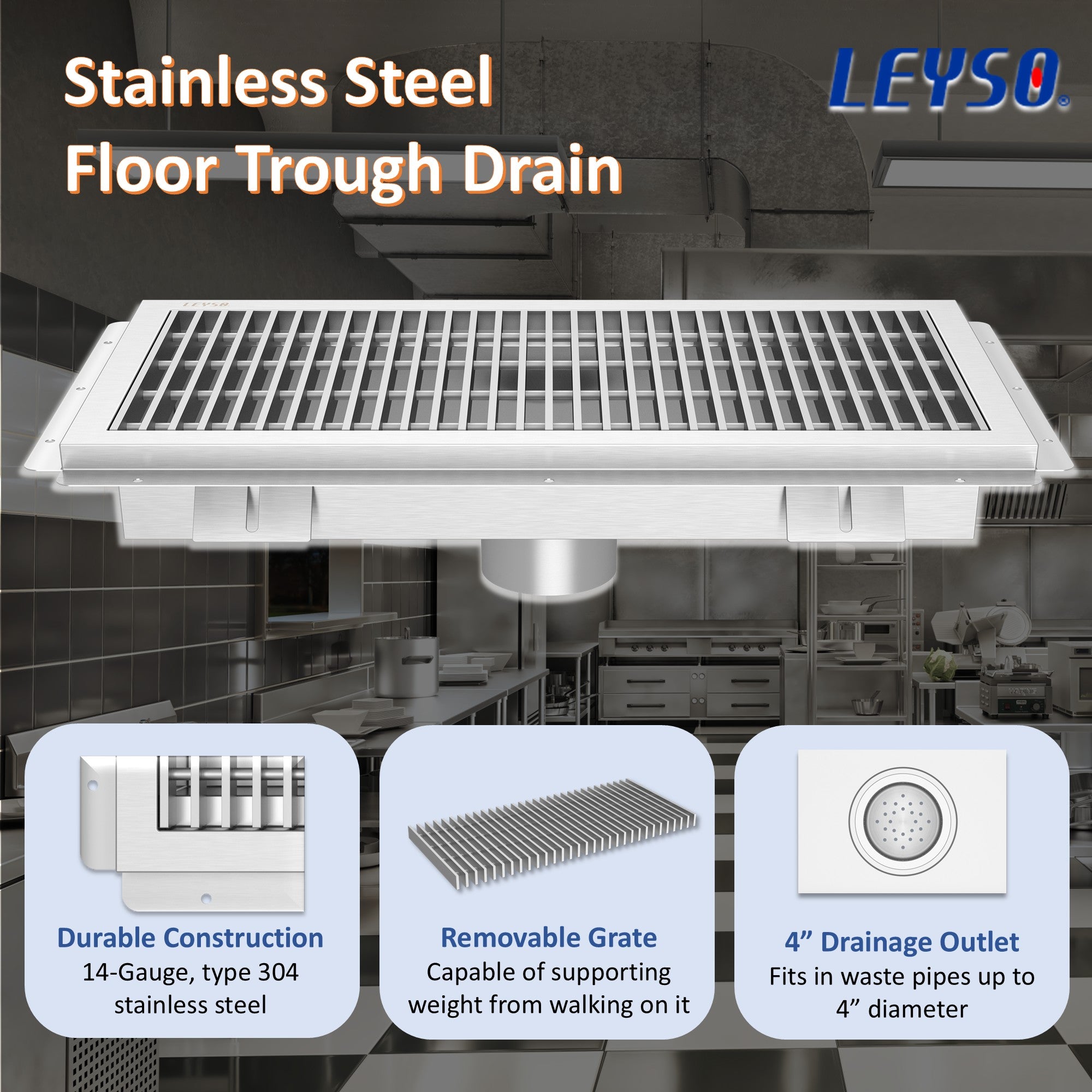 Leyso 12 x 48 in 14-Gauge Stainless Steel Floor Trough Drain - Removable Grate + Strainer Basket