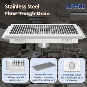 Leyso 12 x 48 in 14-Gauge Stainless Steel Floor Trough Drain - Removable Grate + Strainer Basket