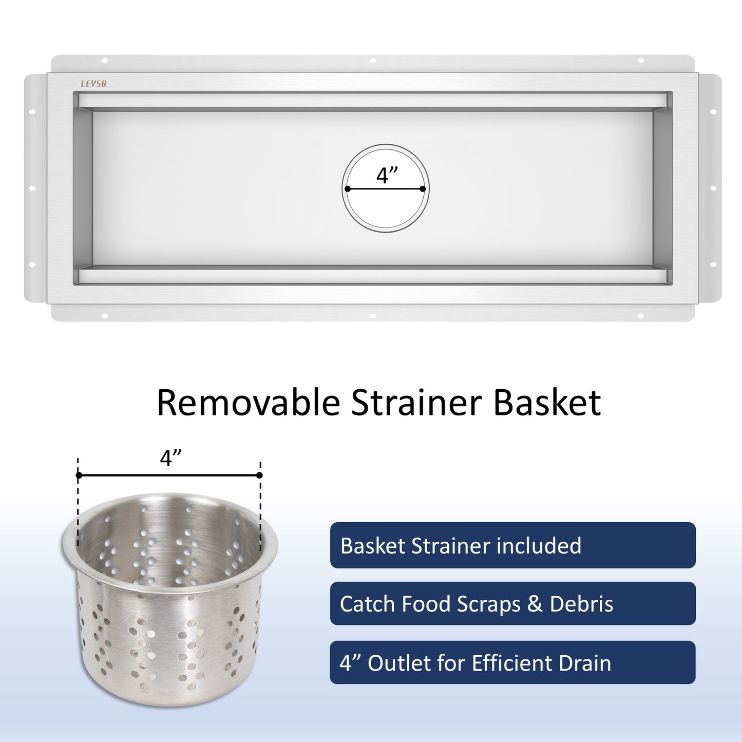 Leyso 12 x 48 in 14-Gauge Stainless Steel Floor Trough Drain - Removable Grate + Strainer Basket
