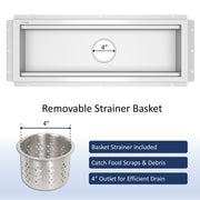 Leyso 12 x 48 in 14-Gauge Stainless Steel Floor Trough Drain - Removable Grate + Strainer Basket