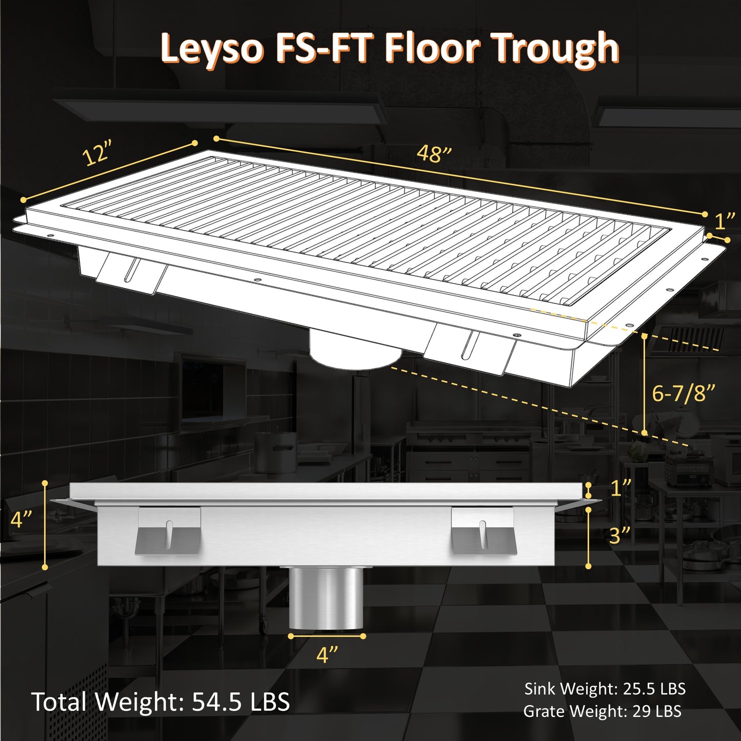 Leyso 12 x 48 in 14-Gauge Stainless Steel Floor Trough Drain - Removable Grate + Strainer Basket
