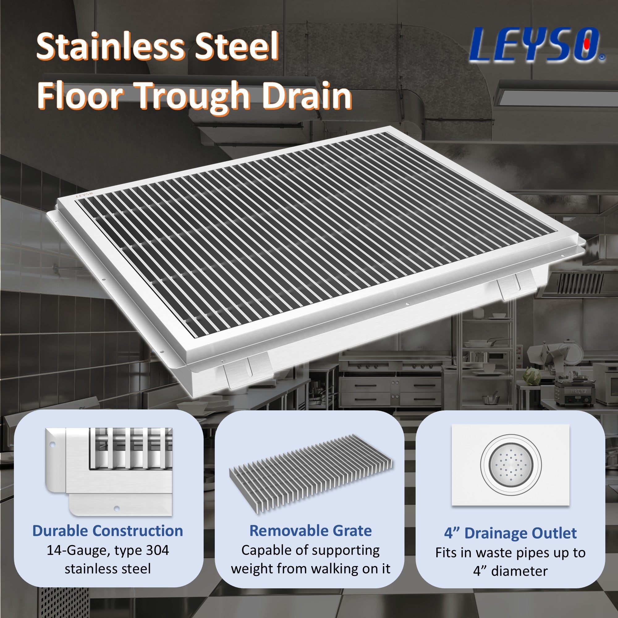 Leyso 24 x 24 in 14-Gauge Stainless Steel Floor Trough Drain - Removable Grate + Strainer Basket