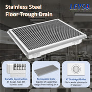 Leyso 24 x 24 in 14-Gauge Stainless Steel Floor Trough Drain - Removable Grate + Strainer Basket
