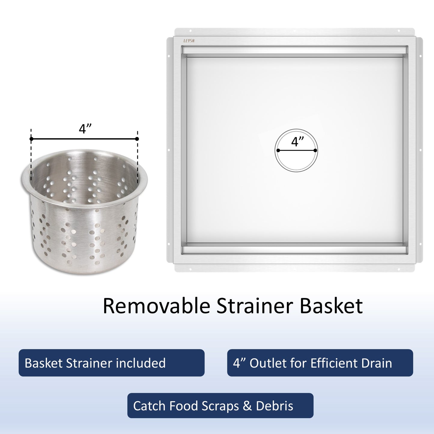 Leyso 24 x 24 in 14-Gauge Stainless Steel Floor Trough Drain - Removable Grate + Strainer Basket