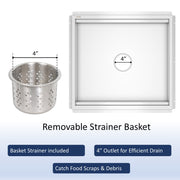 Leyso 24 x 24 in 14-Gauge Stainless Steel Floor Trough Drain - Removable Grate + Strainer Basket