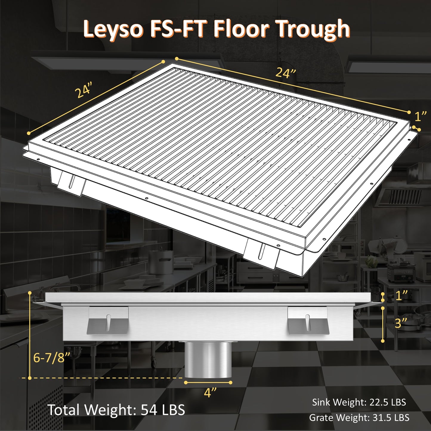 Leyso 24 x 24 in 14-Gauge Stainless Steel Floor Trough Drain - Removable Grate + Strainer Basket