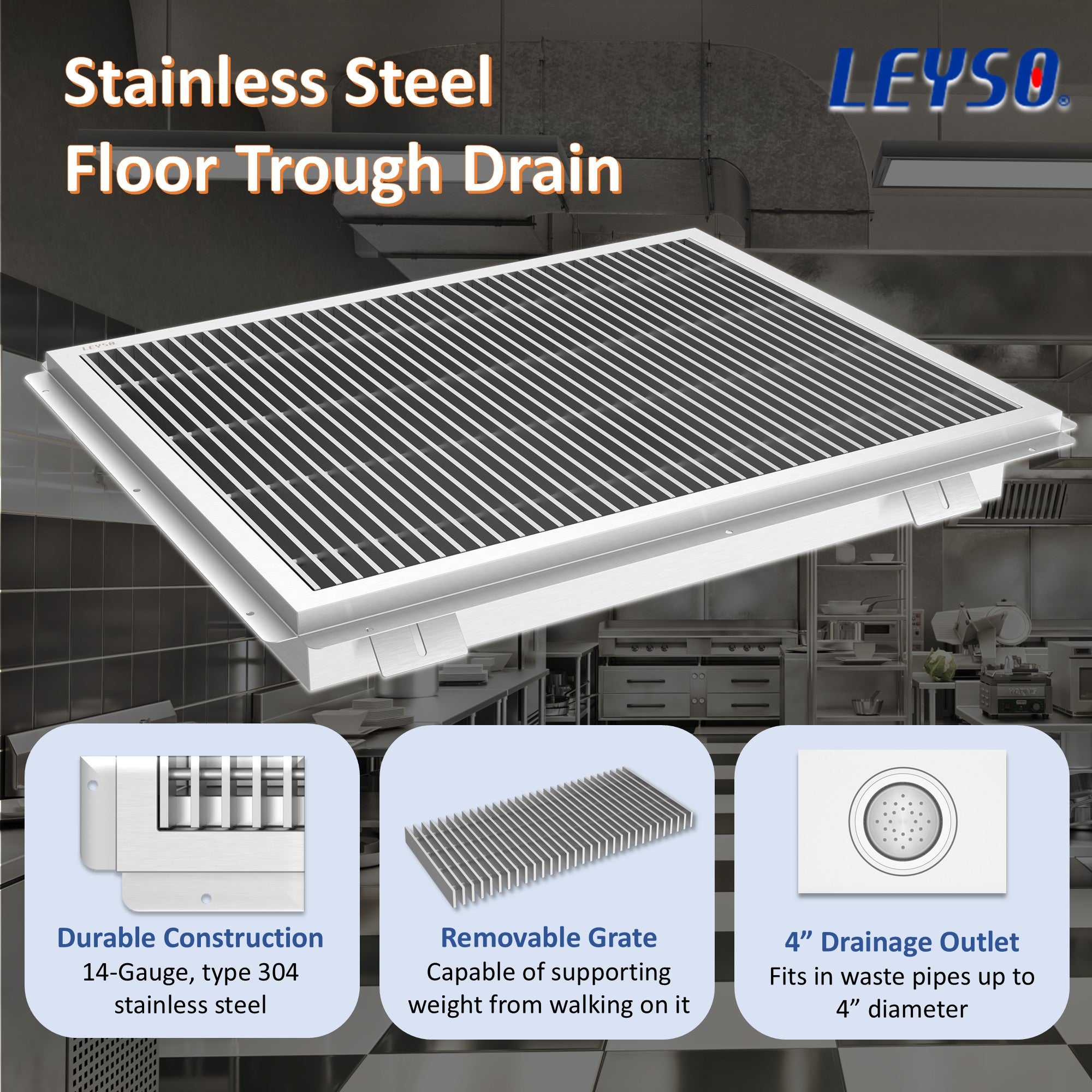 Leyso 24 x 30 in 14-Gauge Stainless Steel Floor Trough Drain - Removable Grate + Strainer Basket