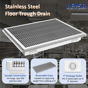 Leyso 24 x 30 in 14-Gauge Stainless Steel Floor Trough Drain - Removable Grate + Strainer Basket